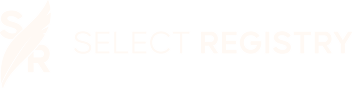 Logo featuring a white quill forming the letters "S" and "R" next to the text "SELECT REGISTRY" in white on black.