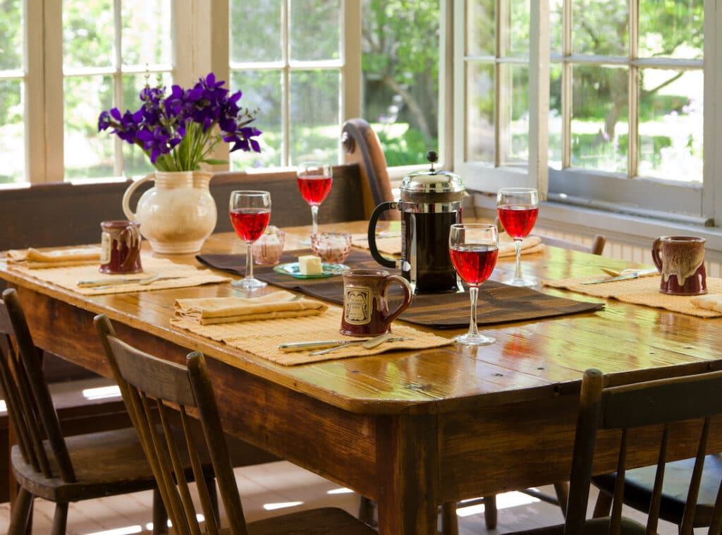 Finger Lake Restaurants, photo of Inn at Gothic Eves breakfast table with organic meals and hot coffee 