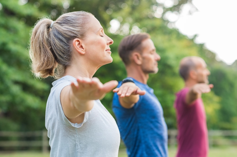 Finger Lakes Bed and Breakfast and wellness retreat space, group of people doing yoga outside 