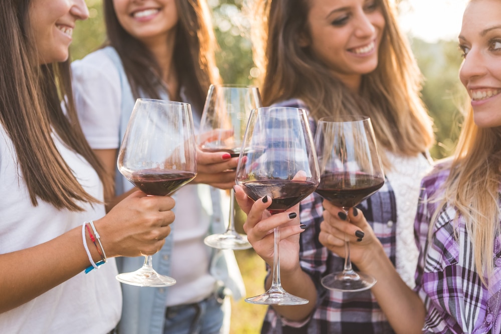 Wineries on Seneca Lake, group of young beautiful women tasting wine together in the Finger Lakes region.