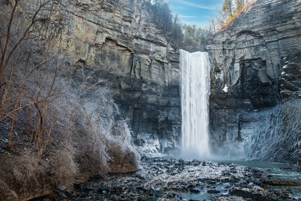 Taughannock Falls in winter, one of the best things to do in the Finger Lakes.