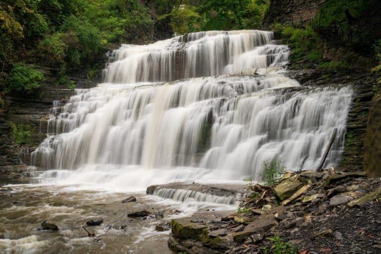 one of the waterfalls along the Cascadilla Gorge Trail in Ithaca New York.