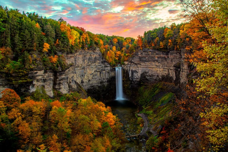 Finger Lakes Fall Foliage at Taughannock falls state park near our bed and breakfast