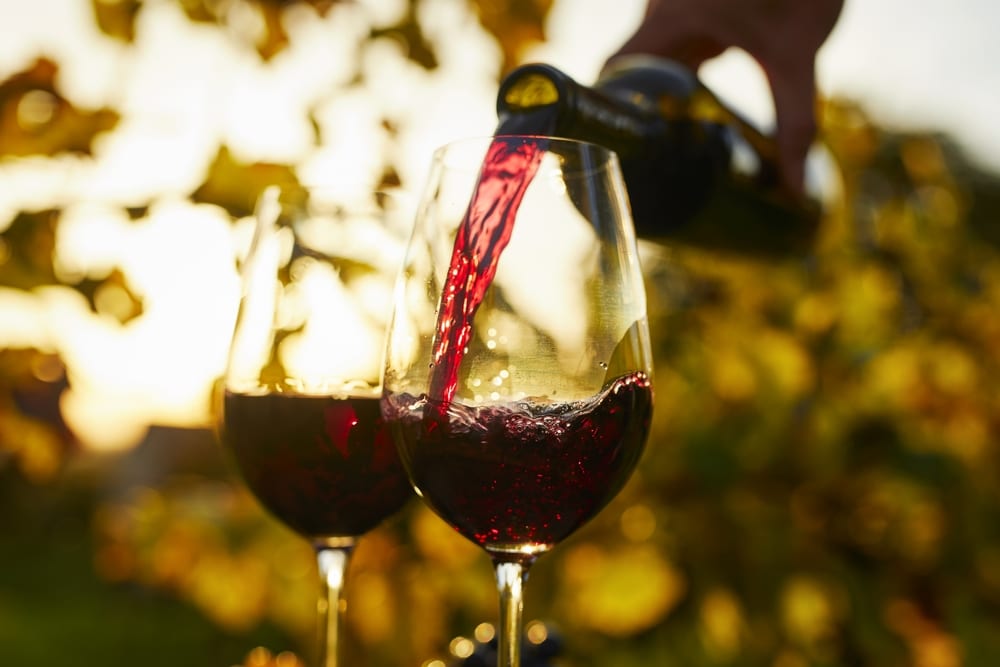 Pouring red wine into two glasses at the best vineyards in the Finger Lakes.