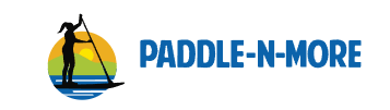 Logo for "PADDLE-N-MORE" featuring a silhouette of a person stand-up paddleboarding against a sunrise and landscape.