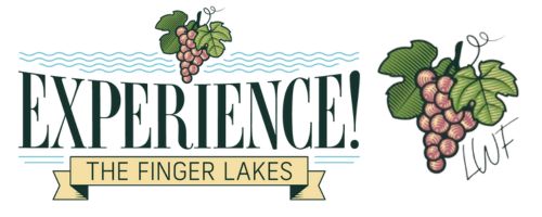 A logo for "EXPERIENCE! THE FINGER LAKES" featuring text, stylized wave lines, and illustrations of grapes.