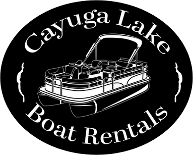 Logo for "Cayuga Lake Boat Rentals" with a white line drawing of a pontoon boat inside a black oval.
