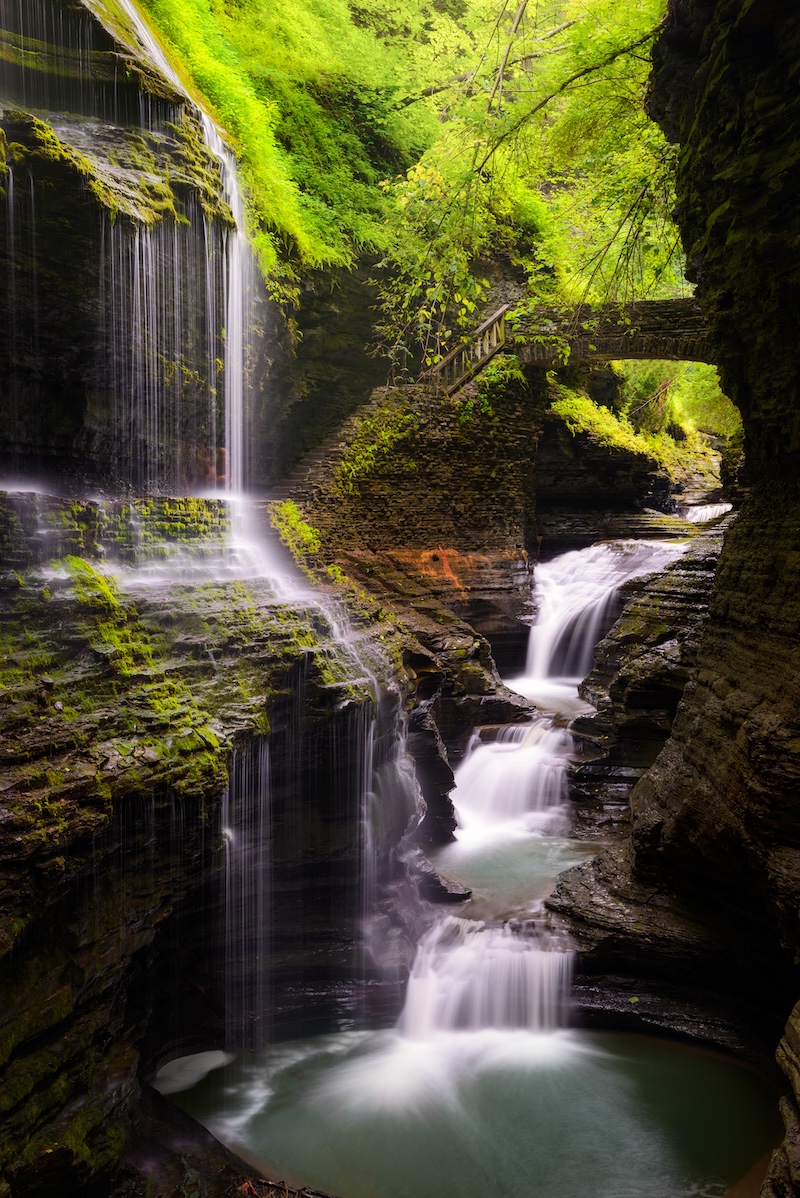 Stone Bridge crossover waterfalls, Rainbow Falls in Watkins Glen State Park, New York